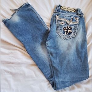 Rock Revival Kai Women's Distressed Boot Cut Jeans, Sz 27 Embroidered Pockets